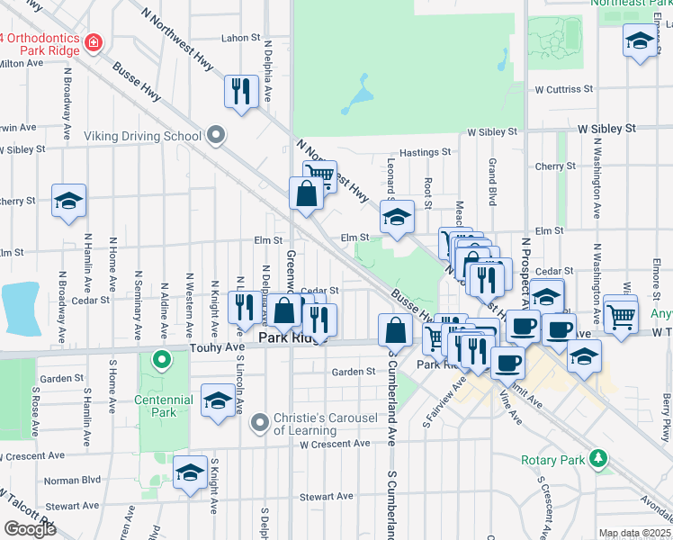 map of restaurants, bars, coffee shops, grocery stores, and more near 216 North Grace Avenue in Park Ridge