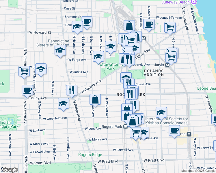 map of restaurants, bars, coffee shops, grocery stores, and more near 7231 North Wolcott Avenue in Chicago