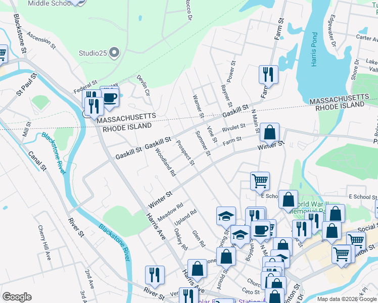 map of restaurants, bars, coffee shops, grocery stores, and more near 487 Prospect St in Woonsocket