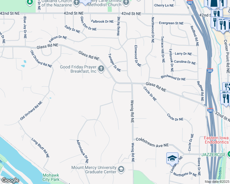 map of restaurants, bars, coffee shops, grocery stores, and more near 2461 Kilimanjaro Drive Northeast in Cedar Rapids