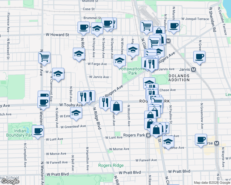 map of restaurants, bars, coffee shops, grocery stores, and more near 1933 West Chase Avenue in Chicago