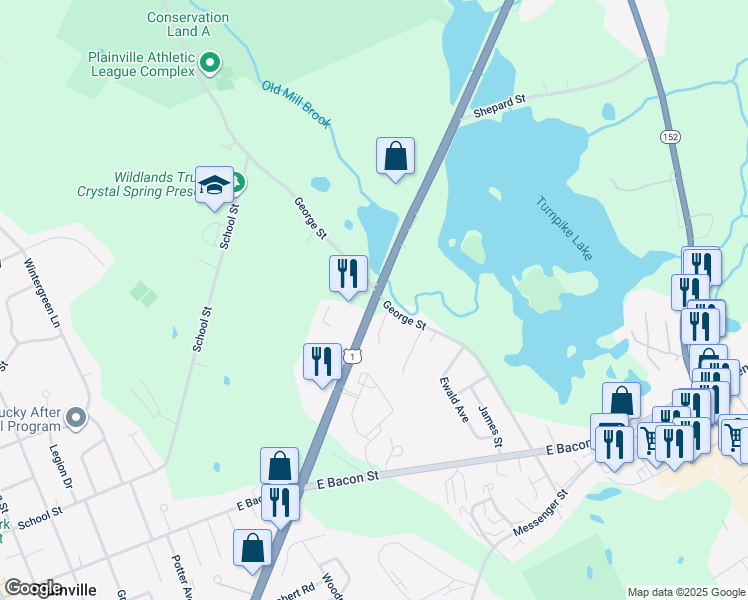 map of restaurants, bars, coffee shops, grocery stores, and more near 98 Washington Street in Plainville