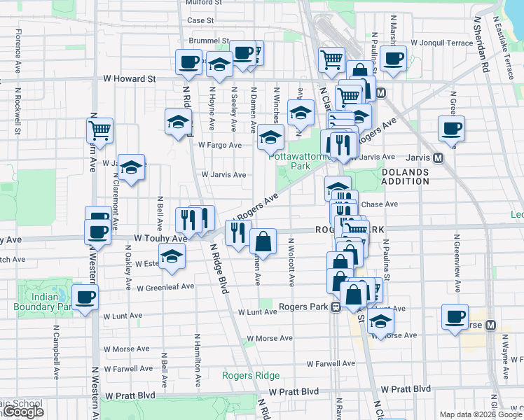 map of restaurants, bars, coffee shops, grocery stores, and more near 1943 West Chase Avenue in Chicago