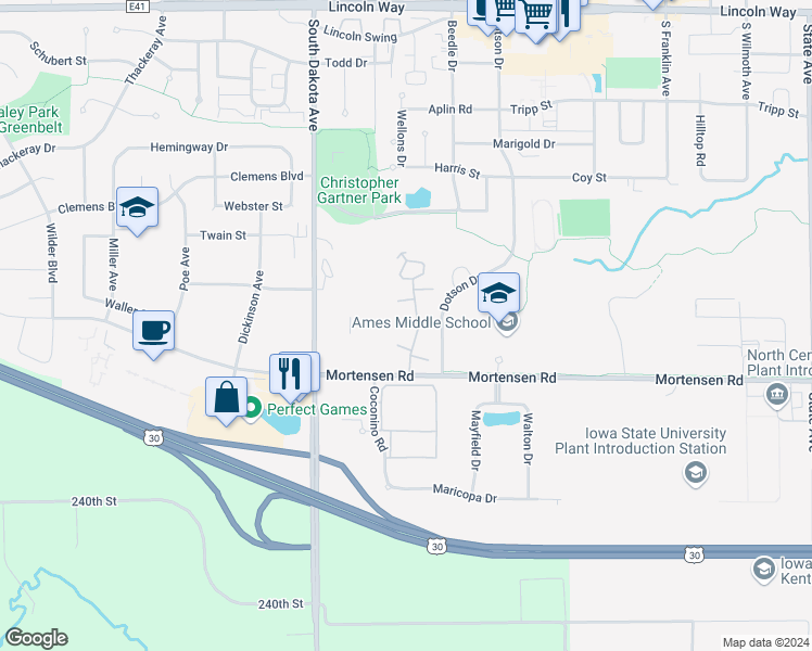 map of restaurants, bars, coffee shops, grocery stores, and more near 1005 Pinon Drive in Ames