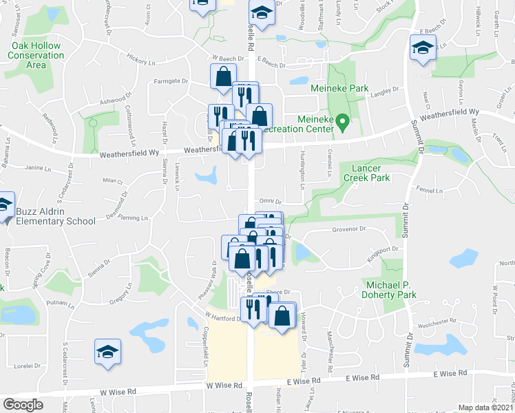 map of restaurants, bars, coffee shops, grocery stores, and more near 1 Omni Drive in Schaumburg