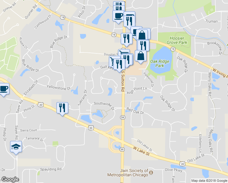 map of restaurants, bars, coffee shops, grocery stores, and more near 1540 Laurel Oaks Drive in Streamwood