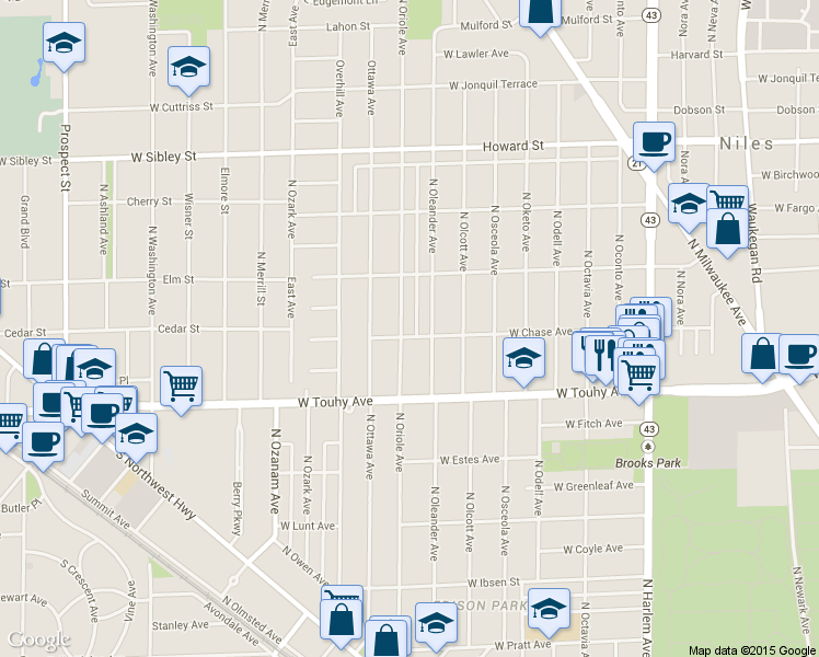 map of restaurants, bars, coffee shops, grocery stores, and more near 7305 North Oriole Avenue in Chicago