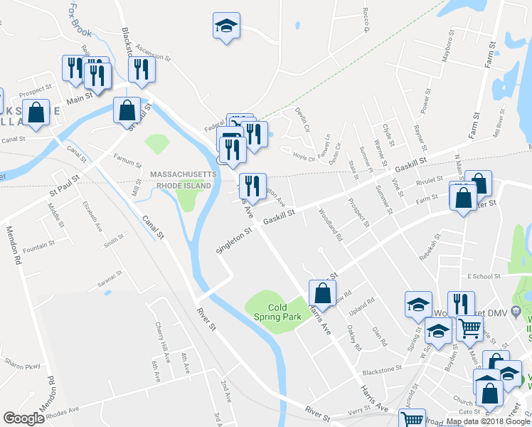 map of restaurants, bars, coffee shops, grocery stores, and more near 28 Gaskill Street in Woonsocket