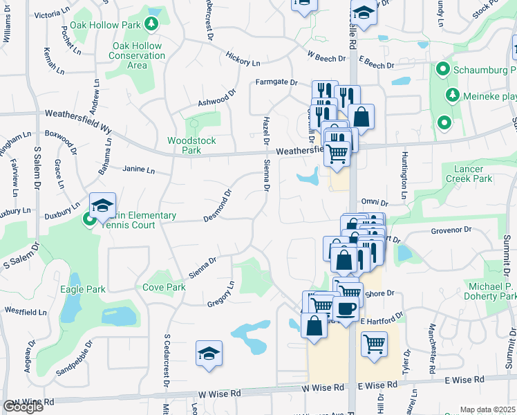 map of restaurants, bars, coffee shops, grocery stores, and more near 714 Sienna Drive in Schaumburg