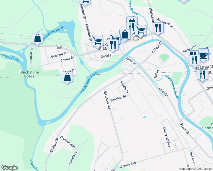 map of restaurants, bars, coffee shops, grocery stores, and more near 105 Saint Paul Street in North Smithfield