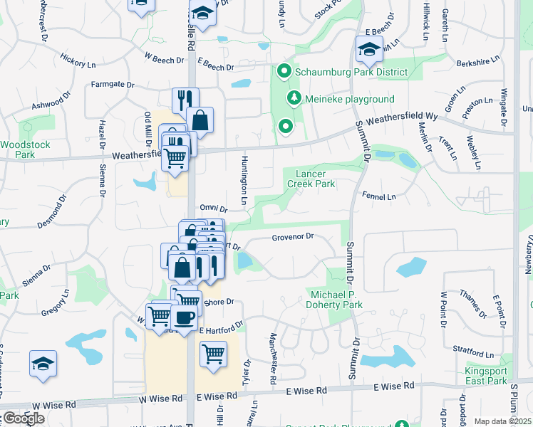 map of restaurants, bars, coffee shops, grocery stores, and more near 136 Clearbrook Court in Schaumburg