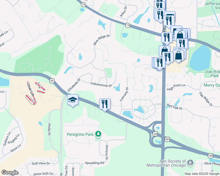 map of restaurants, bars, coffee shops, grocery stores, and more near 1463 Yellowstone Drive in Streamwood