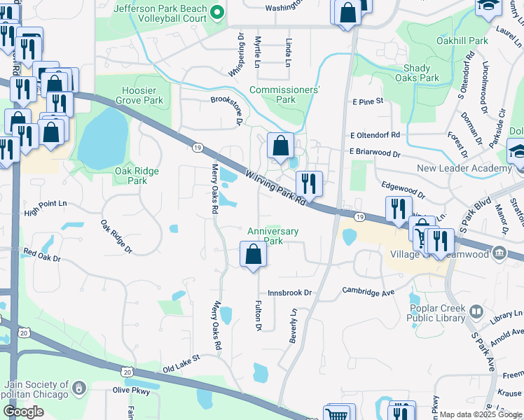 map of restaurants, bars, coffee shops, grocery stores, and more near 2 Regency Court in Streamwood