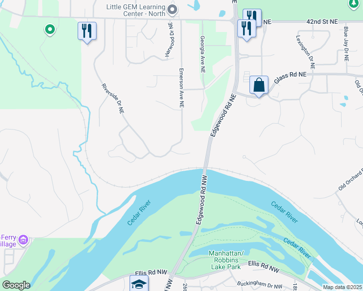 map of restaurants, bars, coffee shops, grocery stores, and more near 3312 Emerson Avenue Northeast in Cedar Rapids