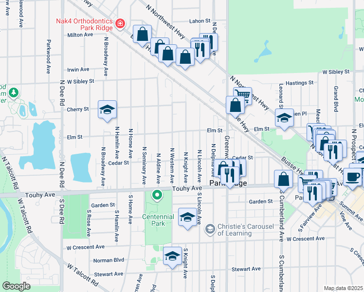 map of restaurants, bars, coffee shops, grocery stores, and more near 222 North Knight Avenue in Park Ridge