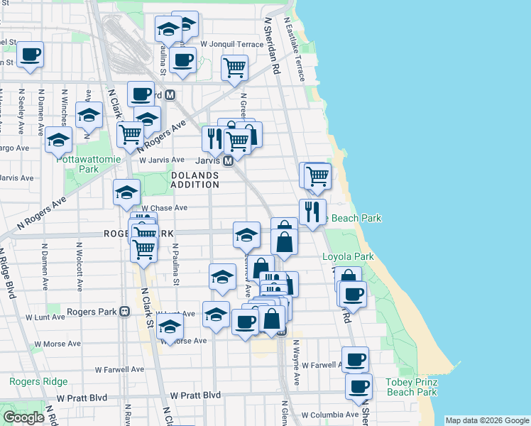map of restaurants, bars, coffee shops, grocery stores, and more near 1425 West Chase Avenue in Chicago
