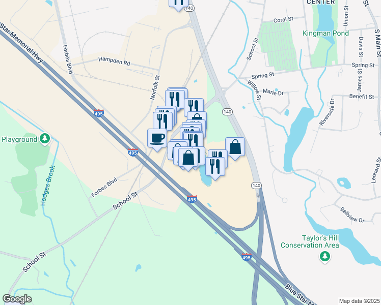 map of restaurants, bars, coffee shops, grocery stores, and more near 280 School Street in Mansfield