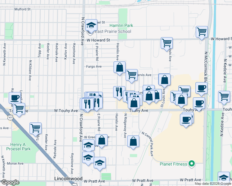 map of restaurants, bars, coffee shops, grocery stores, and more near 3755 West Chase Avenue in Lincolnwood