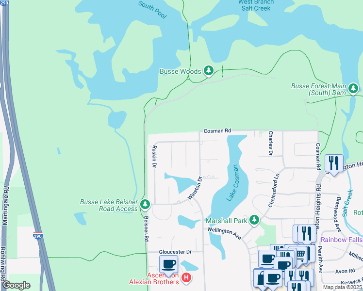 map of restaurants, bars, coffee shops, grocery stores, and more near 620 Stanford Circle in Elk Grove Village