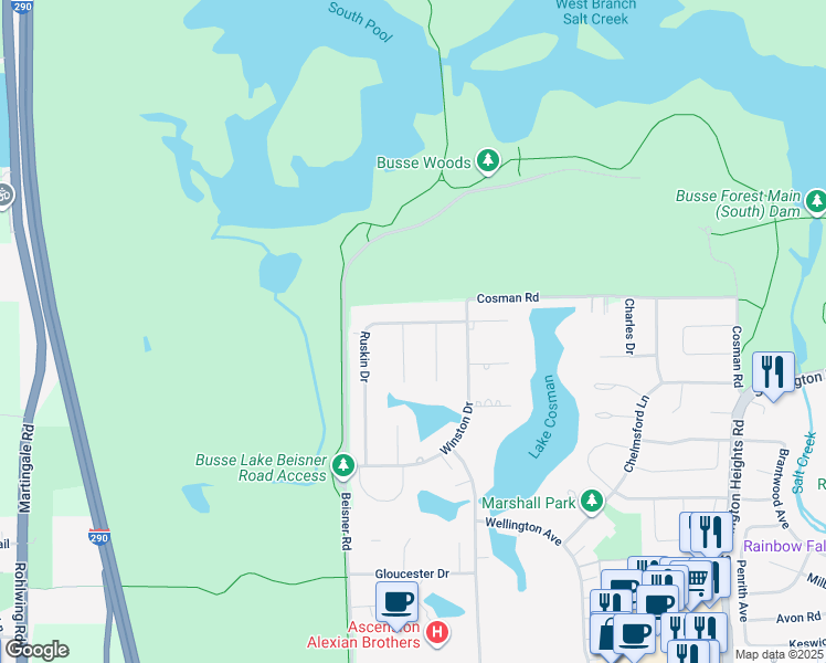 map of restaurants, bars, coffee shops, grocery stores, and more near 620 Stanford Circle in Elk Grove Village