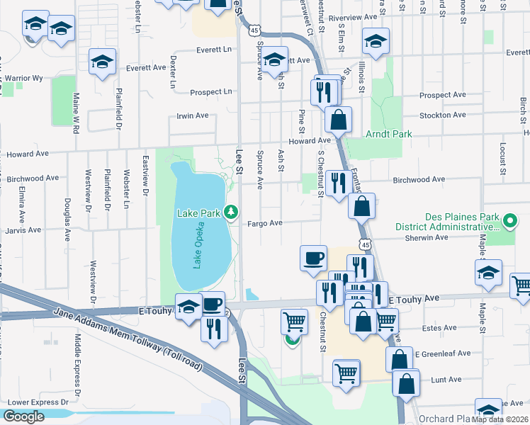 map of restaurants, bars, coffee shops, grocery stores, and more near 2175 Spruce Avenue in Des Plaines