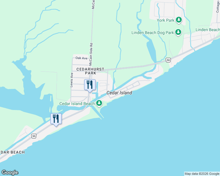 map of restaurants, bars, coffee shops, grocery stores, and more near 584 Cedar Island Road in Kingsville