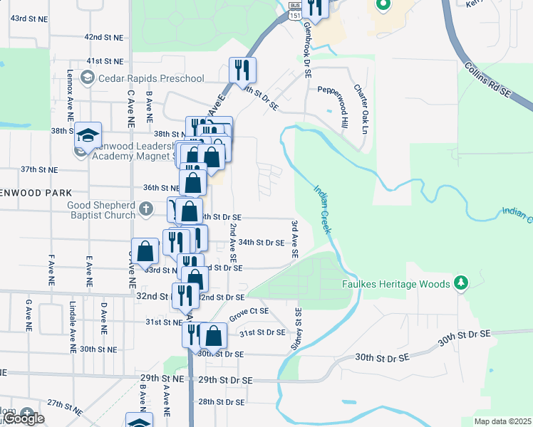 map of restaurants, bars, coffee shops, grocery stores, and more near 256 35th Street Drive Southeast in Cedar Rapids