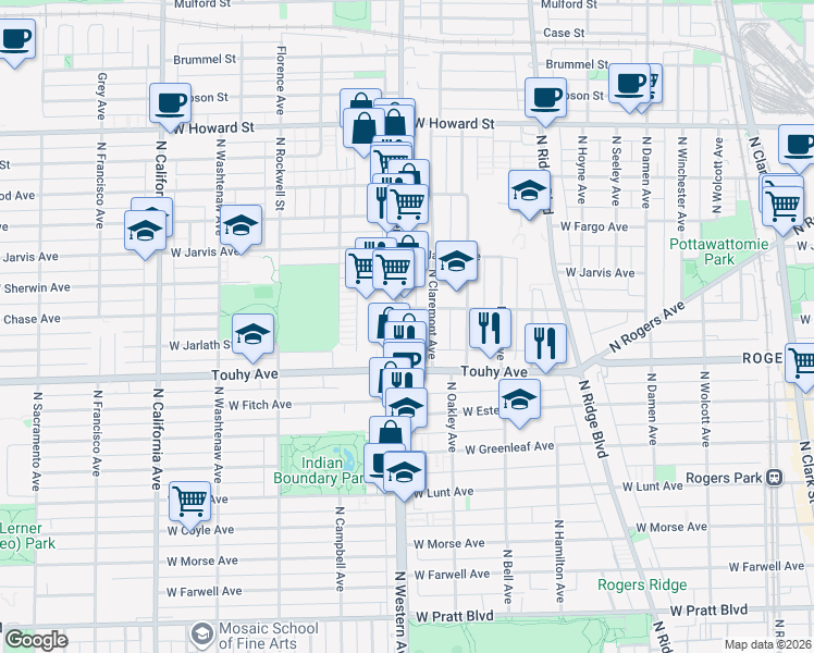 map of restaurants, bars, coffee shops, grocery stores, and more near 7243 North Western Avenue in Chicago