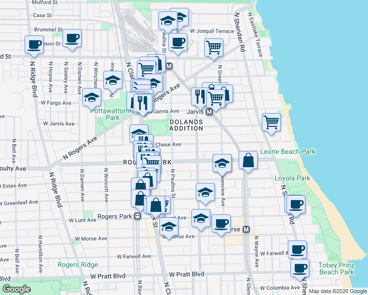 map of restaurants, bars, coffee shops, grocery stores, and more near 1643 West Chase Avenue in Chicago