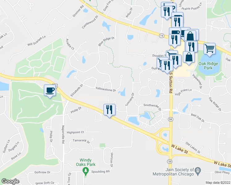map of restaurants, bars, coffee shops, grocery stores, and more near 1463 Yellowstone Drive in Streamwood