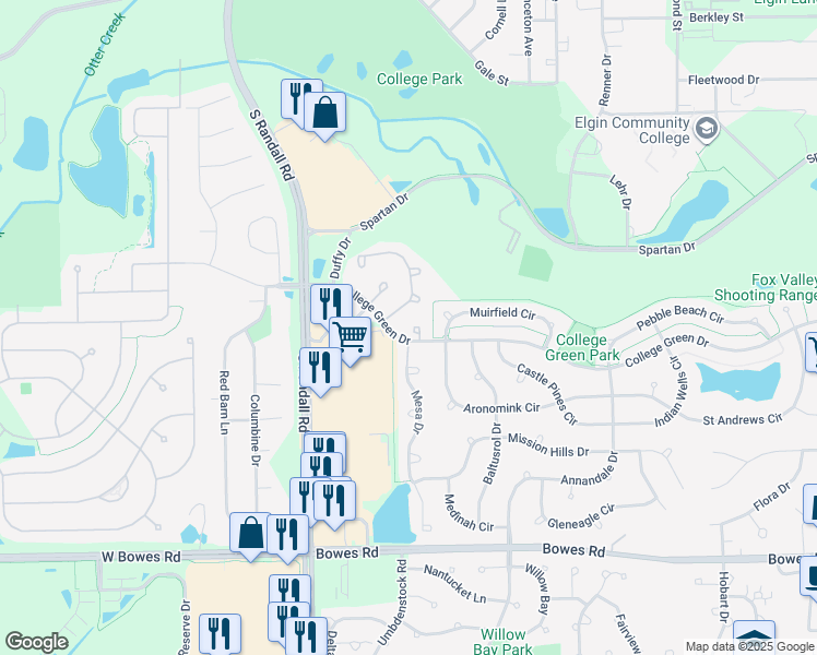 map of restaurants, bars, coffee shops, grocery stores, and more near 2094 Constitution Court in Elgin