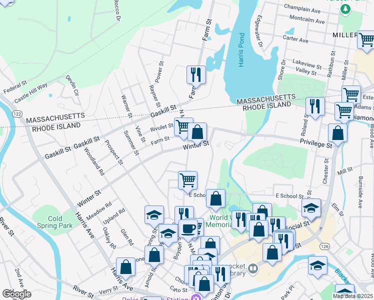 map of restaurants, bars, coffee shops, grocery stores, and more near 614 N Main St in Woonsocket