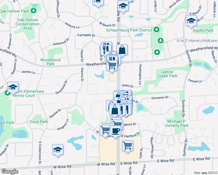 map of restaurants, bars, coffee shops, grocery stores, and more near 717 Tipperary Court in Schaumburg