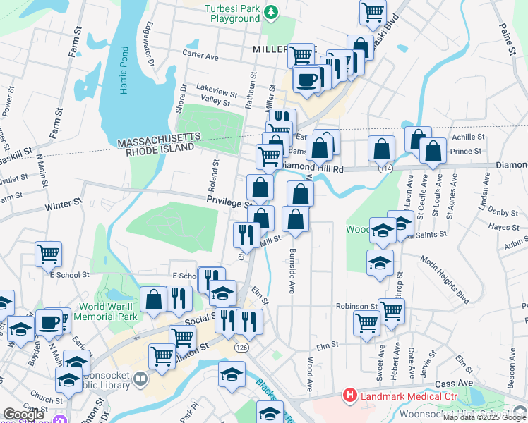 map of restaurants, bars, coffee shops, grocery stores, and more near 937 Social Street in Woonsocket