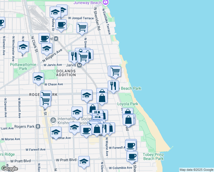map of restaurants, bars, coffee shops, grocery stores, and more near 7224 North Sheridan Road in Chicago