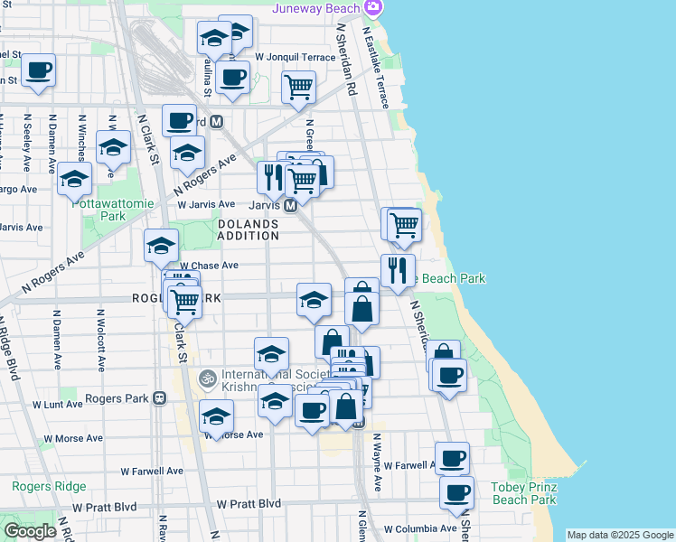 map of restaurants, bars, coffee shops, grocery stores, and more near 1443 West Chase Avenue in Chicago