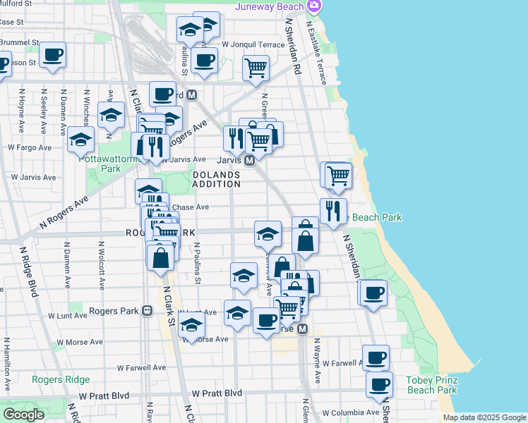 map of restaurants, bars, coffee shops, grocery stores, and more near 1521 West Chase Avenue in Chicago