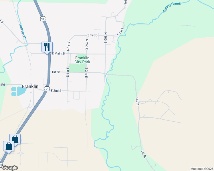 map of restaurants, bars, coffee shops, grocery stores, and more near 105 South 3rd East in Franklin