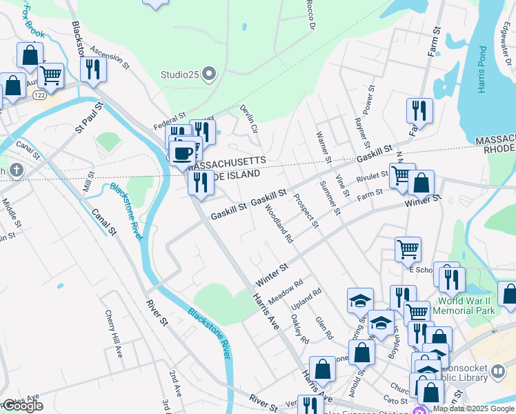 map of restaurants, bars, coffee shops, grocery stores, and more near 515 Woodland Road in Woonsocket