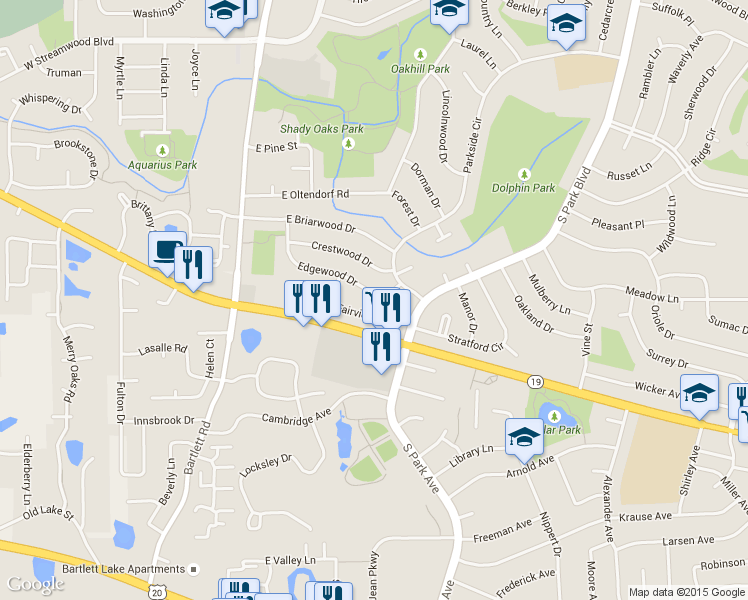 map of restaurants, bars, coffee shops, grocery stores, and more near 123 Edgewood Drive in Streamwood
