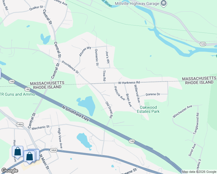 map of restaurants, bars, coffee shops, grocery stores, and more near 15 Harkness Road in North Smithfield
