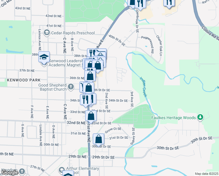map of restaurants, bars, coffee shops, grocery stores, and more near 220 35th Street Drive Southeast in Cedar Rapids