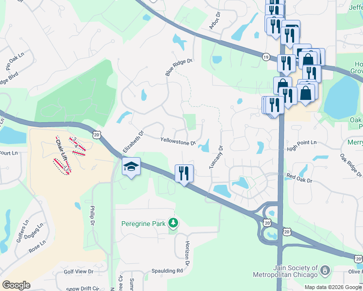 map of restaurants, bars, coffee shops, grocery stores, and more near 1485 Yellowstone Drive in Streamwood