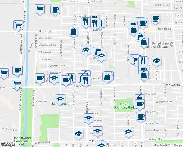 map of restaurants, bars, coffee shops, grocery stores, and more near 2743 West Chase Avenue in Chicago