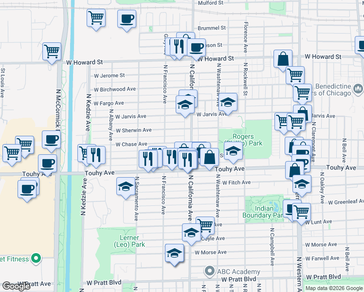 map of restaurants, bars, coffee shops, grocery stores, and more near 2819 West Chase Avenue in Chicago