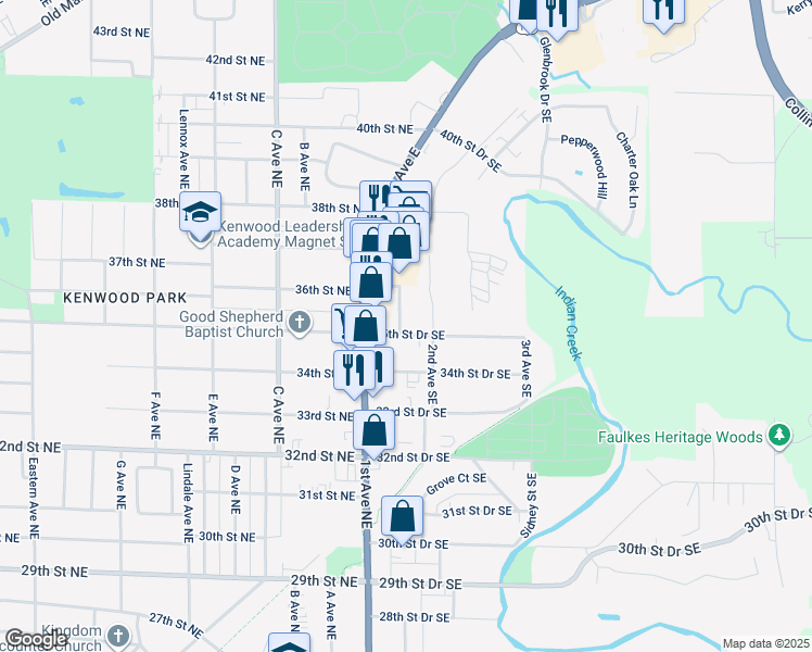 map of restaurants, bars, coffee shops, grocery stores, and more near 3507 Elm Avenue Southeast in Cedar Rapids