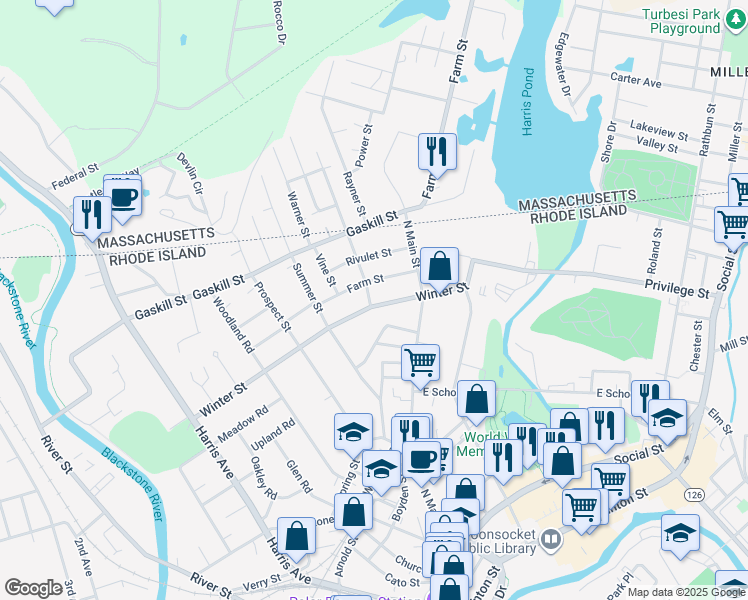 map of restaurants, bars, coffee shops, grocery stores, and more near 497 Winter Street in Woonsocket
