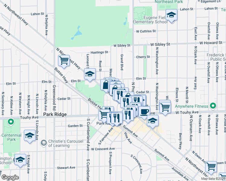 map of restaurants, bars, coffee shops, grocery stores, and more near 630 Cedar Street in Park Ridge