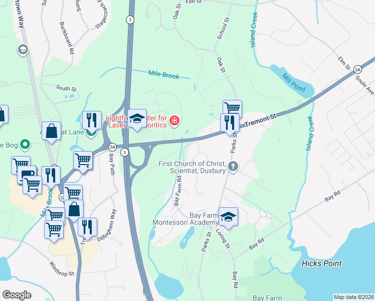 map of restaurants, bars, coffee shops, grocery stores, and more near 27 Woodridge Road in Duxbury