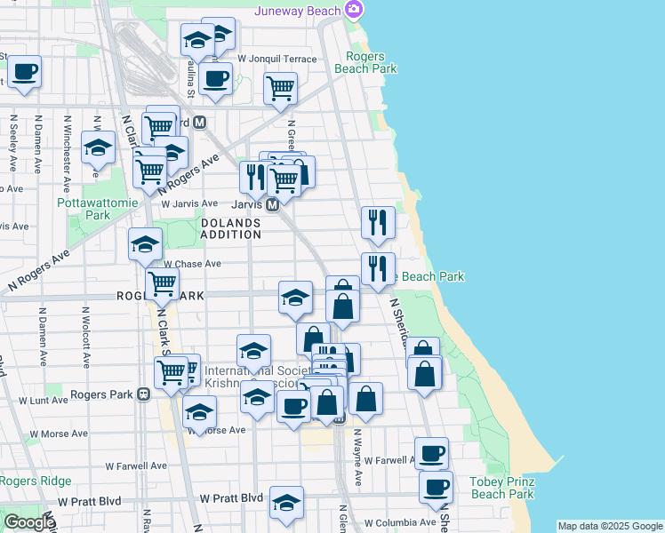 map of restaurants, bars, coffee shops, grocery stores, and more near 1401 West Chase Avenue in Chicago